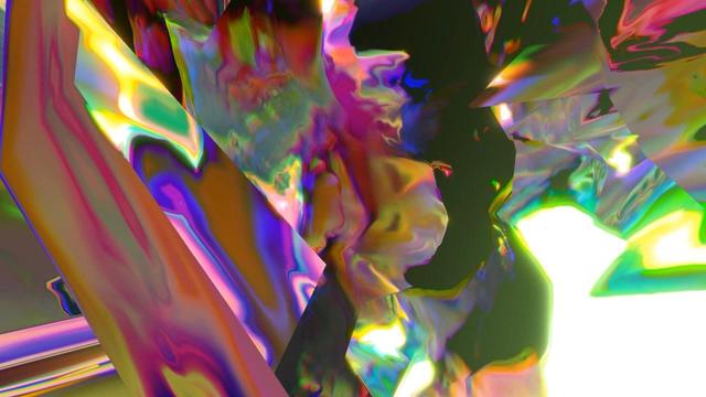 abstract video collage screenshot from a VJ set, with a cluster of colorful, angled shapes and a green glow at the right