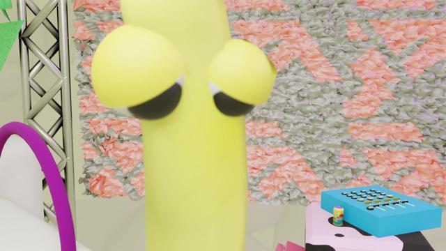 screenshot from my music video for ksd6700's "Gaming Squid Missile", with characters and props by Firedrill and some graphic design by ksd "projected" onto a screen in the CGI set I designed.  the image has a slightly out of focus look, suggesting handheld camera movement.