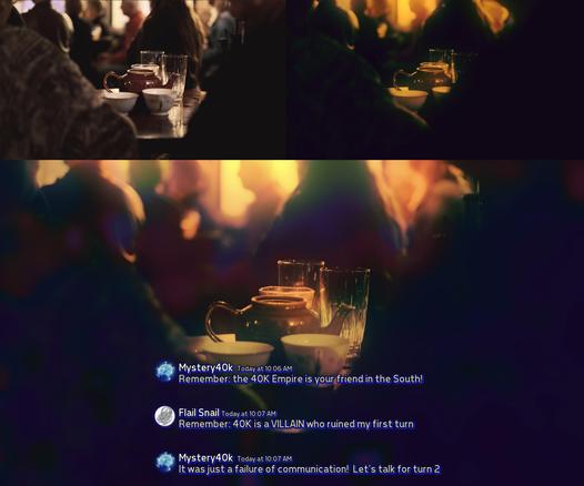 compositing breakdown from my trailer for "Skirmish Society", showing some experimental color grading on stock footage and a superimposed Discord conversation, with the fonts redesigned for higher resolution and readability