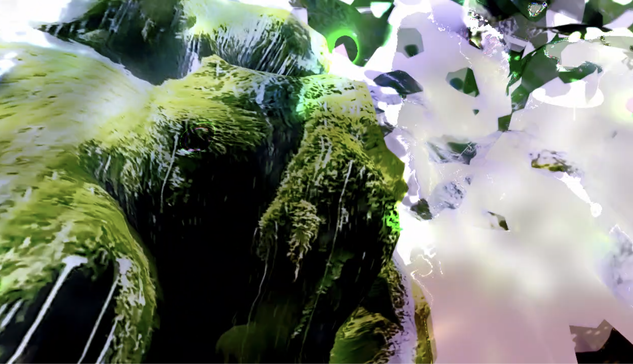 screenshot from my music video for Mezzanine Swimmers "Pensacola Arches" - a video collaged 3D waterfall from footage provided by the artist, on a bright abstract background suggesting a forest canopy