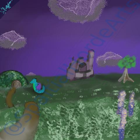 Slightly right to the center, a grey castle with no visible lighting sits on the horizon line far in the distance. To the right of the castle is a tree that casts a long shadow on the surrounding grass. Between them is a purple and grey cloud that features lightning within the cloud. Another cloud with the same colour and lightning within rests at the top of the painting, twice as large, against a purple sky. To the left, a third cloud of the same kind sits with the leftmost part out of the canvas. Below the left cloud is a grassy mound with a cave inlet; a blue dragon with a green stomach and violet wings peers at the cave from a short distance. One last small cloud peers out over the horizon just above the dragon's head. Leading toward the viewer is a path from the cave that disappears behind the hill from the viewer and then reappears on the side of the hill that the viewer can see. On the far right of the foreground are a few lavender plants. On the hill close to the viewer it is easy to see the light and dark green dappled texture of the grass.