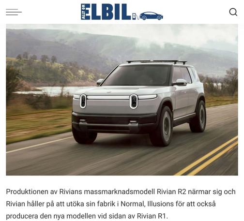 Webbsida från alltomelbil.se om bilen Rivian som sägs tillverkas i staden Normal, Illusions.