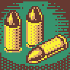 3 9mm Parabellum rounds imagined as 48 x 48 pixel art (resized to 144x144)