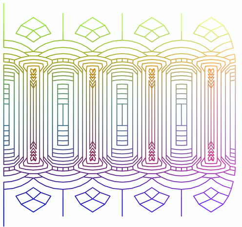 line drawing: repeating, geometric frames made up mostly of vertical parallel lines. the lines have a colorful gradient