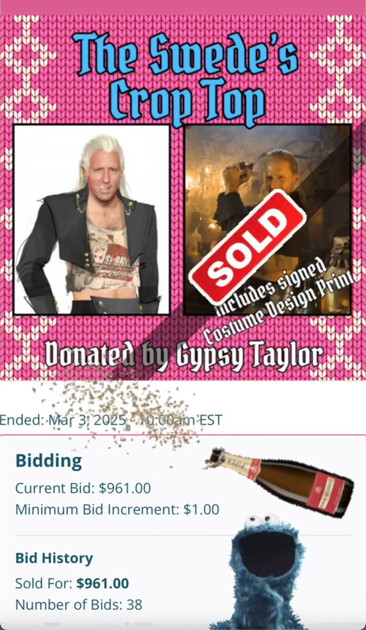 From Gypsy Taylor's Instagram Stories: Auction listing for the Swede's crop top, donated by Gypsy. A design drawing shows The Swede wearing a Spanish Jackie'z branded crop top, and a photo from OFMD shows him wearing that same top at Jackie's bar. Covering part of the photo is the word 'sold' in capital letters on a red background. Text below the auction image reads: 'Bidding: Current Bid $ 961. Minimum Bid Increment $ 1. Bid History: Sold For $ 961. Number of Bids: 38.' Next to the text, Gypsy has added 2 animated images: a champagne bottle with confetti exploding from it, and the Cookie Monster from the Muppets.