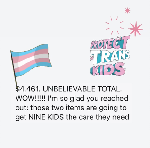 Another one from Gypsy's Insta stories. Black text on a white background: '$ 4,461. Unbelievable total. Wow (5 exclamation marks) I'm so glad you reached out: those two items are going to get nine kids the care they need.' Above the text are a trans flag and a graphic with the words 'Protect Trans Kids' written in 3D letters, surrounded by sparkles.