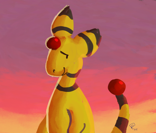 Painting of ampharos. The background is a beautiful sunset.