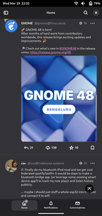 Tuba on Gnome mobile showing the Gnome 48 announcement post