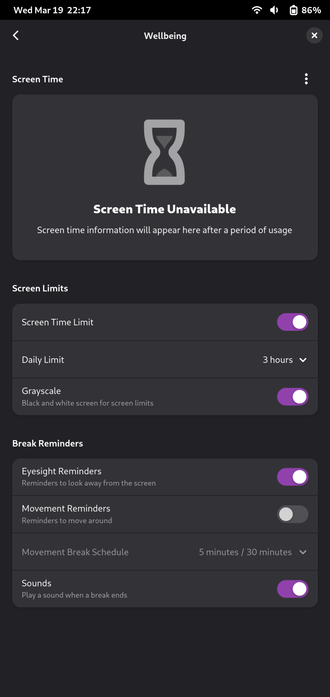 Digital Wellbeing settings in Gnome 48 mobile