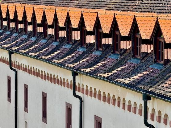 Das Bild zeigt eine weiße Aussenwand eines Gebäudes mit Dachkante von oben und einer Unmenge nebeneinander liegender Dachgauben.
In der Hauswand sind aufgereiht fünf Fenster und an der Wand drei Regenrinnen.