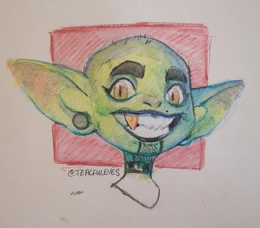 Artwork by Tealful Eyes of a sketched colour portrait of a green imp sporting a tattooed chin and smiling happily at the viewer revealing a gold fang.
