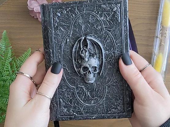A6 notebook in silver color with a 3D clay cast of a dragon sitting on top of a skull. The notebook is black and made to look silver with decorative frame and corners.