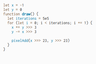 Skewed HAKMEM 149 structure code. Adapted for a 512x513 framebuffer, 32 bits.