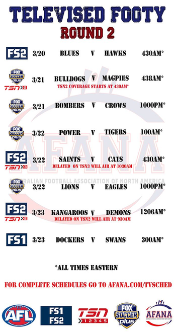TV schedule for Round 2 on Fox Sports networks and TSN. 
see our full schedules at afana.tv