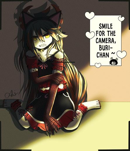 Ivlis with his hair undone dressed in a black and red cutesy pajama set with cat ears. Camera filter.