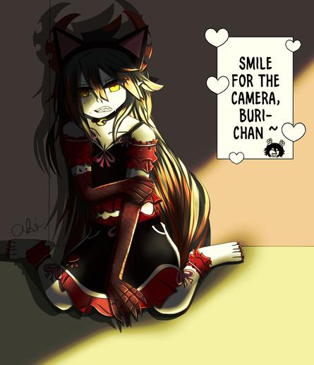 Ivlis with his hair undone dressed in a black and red cutesy pajama set with cat ears.