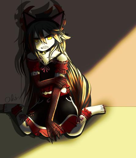 Ivlis with his hair undone dressed in a black and red cutesy pajama set with cat ears. No text.