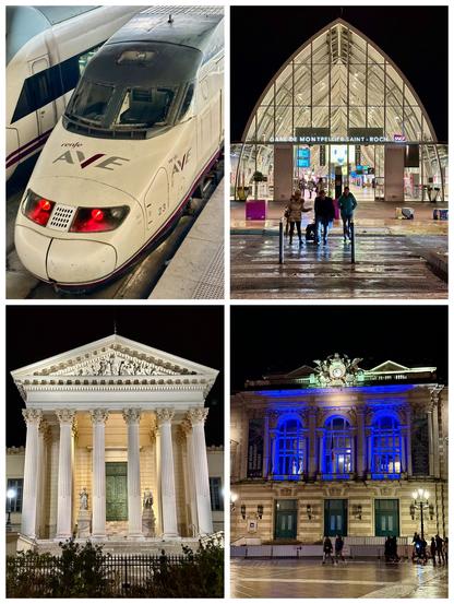 Oben links: Blick auf einen AVE-Zug der spanischen Eisenbahn Renfe; oben rechts: Eingang zum Bahnhof Montpellier Saint-Roch; unten links: Blick auf das Gerichtsgebäude von Montpellier; unten rechts: Blick auf das Opernhaus von Montpellier