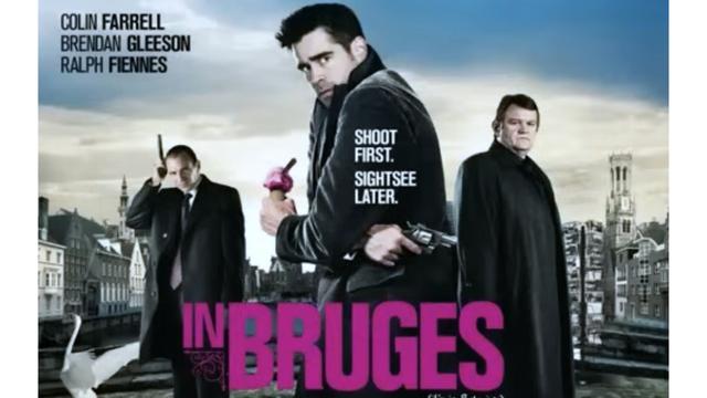 Movie Poster for the film, ‘In Bruges’, a 2008 black comedy-drama crime thriller film written and directed by Martin McDonagh in his feature-length debut. 

This poster shows the stars Colin Farrell and Brendan Gleeson, two London-based Irish hitmen hiding in Bruges, along with Ralph Fiennes, their boss. The film is set and was filmed in the medieval town of Bruges, in Belgium, as is shown in the background of this poster, complete with white swan.