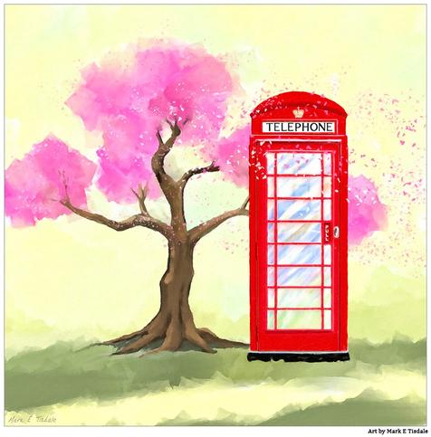Square format digital art depicting a red telephone box standing next to a gnarled cherry blossom tree with pink blooms on the branches. There are some blossoms floating by on the breeze.