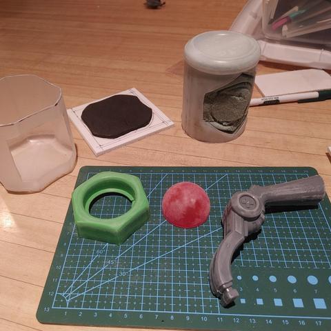 Junk laid out on a table.