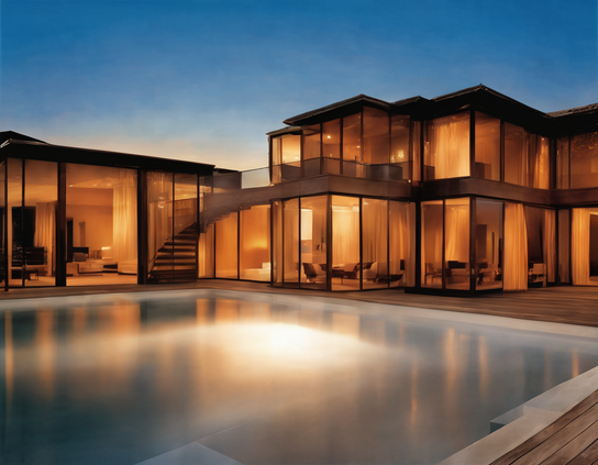 A stunning modern glass mansion built entirely of smoky glass window walls, illuminated from within and by the warm golden light of a a setting sun behind it. In the foreground, an elegant pool with pale turquoise water is warmly lit  underwater.