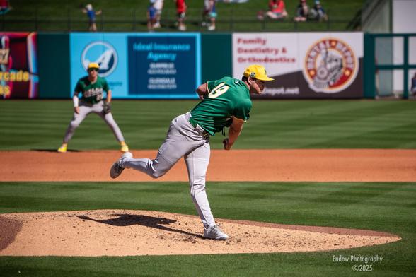 Athletics star closing pitcher, Mason Miller, winds up and follows through, as he throws an epic fastball to the plate during a March 2025 Cactus League game.
