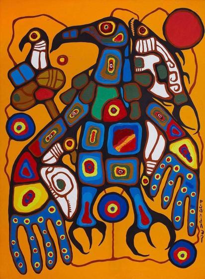 A painting by Norval Morrisseau, also known as Copper Thunderbird, an Indigenous Canadian artist from the Bingwi Neyaashi Anishinaabek First Nation. It is typical of his “Woodlands School” style and is entitled Man Turning into Thunderbird and depicts that mythical bird in Indigenous images and motifs.
