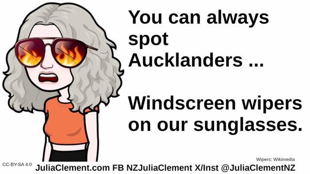 Julia is wearing sunglasses reflecting fire. A diagonal line crosses each lens. Text: You can always spot Aucklanders ... Windscreen wipers on our sunglasses.