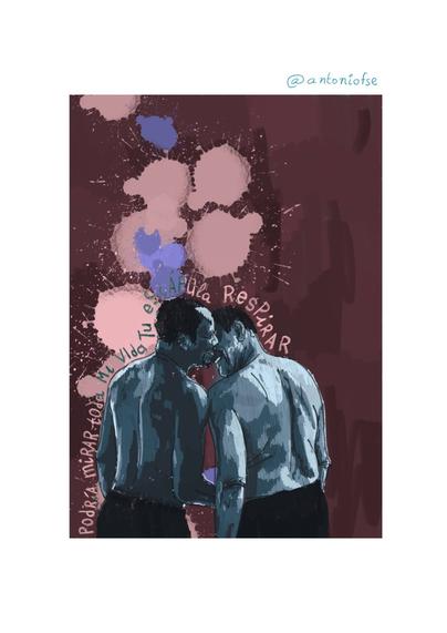 Ilustración de dos hombres abrazados, mirándose con ternura, sobre un fondo de manchas de color rosa y violeta. El texto integrado en la imagen dice: 'Podría mirar toda mi vida tu escápula respirar'. Arte digital queer de @antoniofse que celebra el amor entre hombres.
-

Illustration of two men embracing, gazing at each other tenderly, against a background of pink and purple splashes. The text in the image reads: 'I could watch your scapula breathe my whole life.' Queer digital art by @antoniofse celebrating love between men.