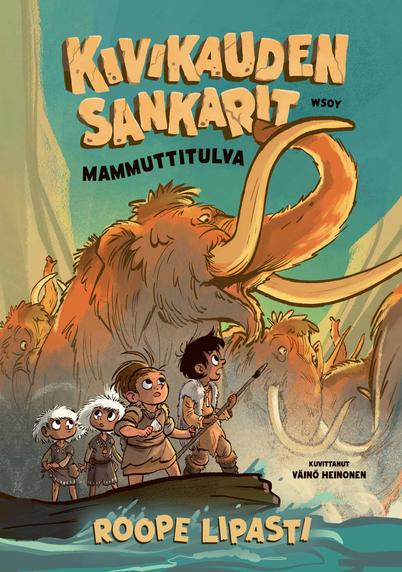 Kivikauden sankarit -kirjan piirroskannessa neljä lasta purjehtii vedessä puisella lautalla. Taustalla on iso mammutti.