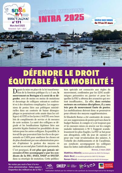 Une du SNES Bretagne n°171 spécial mutations intra 2025.
Saisie des voeux du 10 au 31 mars.
Photographie du port de Saint-Marine face à Bénodet.
Edito : Défendre le droit équitable à la mobilité à retrouver dans le PDF sur notre site.