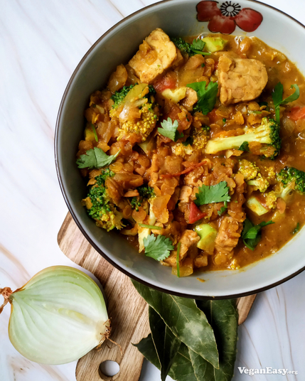 Photo of a nourishing bowl of Tempeh Curry with Broccoli sprinkled with fresh parsley. Recipe from veganeasy.org