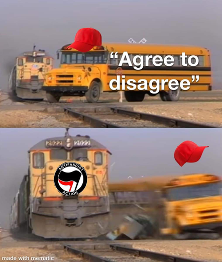 Meme del tren arroyando al camion, el camion dice: agree to disagree y el tren tiene el logo antifa