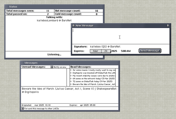 Screenshot of LACS, showing Status, Messages and New Message