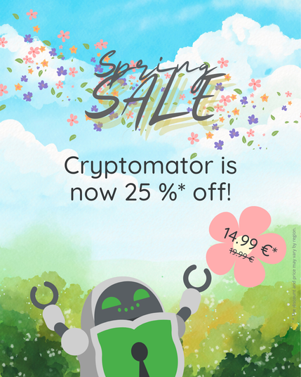 Illustrated promotional graphic for the Cryptomator Spring Sale. The background features a bright blue sky with fluffy clouds and colorful spring flowers. The words 'Spring Sale' are written in a playful, handwritten style. Below, the text announces 'Cryptomator is now 25% off!' with a note indicating a discount and price variation by region. A friendly robot mascot with a green shield on its chest joyfully raises its arms while holding a pink flower displaying the discounted price of €14.99 (previously €19.99). The fine print on the side notes that the discount and price may vary by region."