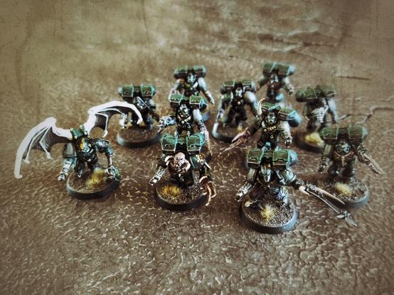 10 chaos kitbashed assault marines with a winged champion.