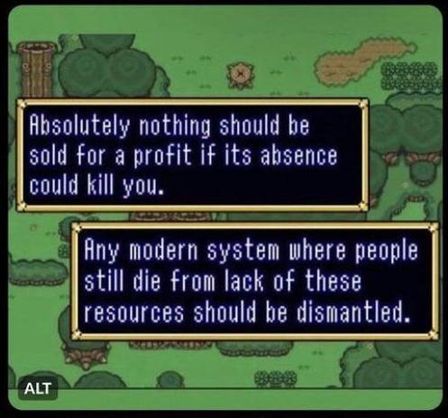 Absolutely nothing should be sold for profit if its absence could kill you.

Any modern system where people still die from lack of these resources should be dismantled.