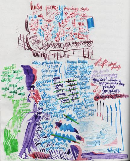 Wow what is this garbage.
Glaring colors in clusters, some stylized words, some smears. Continuing the page from previous art, there are five colors in play, and they have all changed somewhat over time.