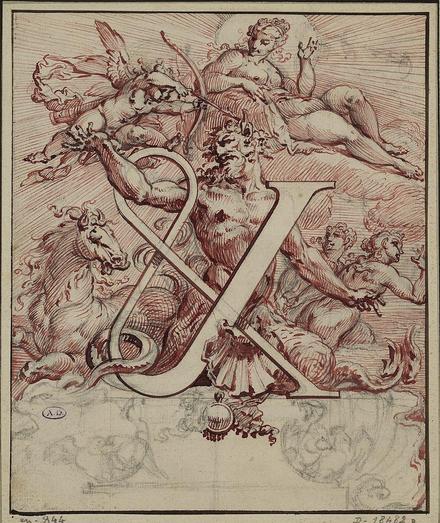 Illustration artistique réalisée par Gilles-Marie Oppenord au milieu du XVIIIe siècle, représentant une esperluette (&) richement ornée et accompagnée d'un triton. La composition intègre des éléments mythologiques et stylistiques caractéristiques de l'époque rococo, avec des traits délicats et des détails finement dessinés. L'œuvre a été réalisée à la plume et encre rouge, sur papier vergé.