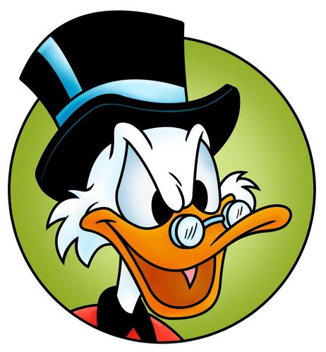 Anthropomorphic duck wearing a black top hat with a blue band, a red coat with black collar and a pair of Pince Nez glasses.