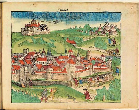 Handschriftenbild aus dem Bamberger Burgenbuch
Vorlage: „Staatsbibliothek Bamberg, RB.H.bell.f.1, fol. 67, Foto: Gerald Raab, Lizenz:
CC BY-SA 4.0“