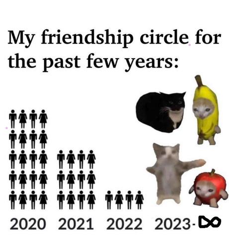 The image is a meme that humorously depicts the decline in the number of friends over the past few years. The top text reads, "My friendship circle for the past few years." Below this, there are four rows of stick figures representing people, with the number of figures decreasing from left to right, indicating a shrinking friendship circle. The years 2020, 2021, 2022, and 2023 are labeled beneath the corresponding rows of figures. In 2020, there are 24 figures, in 2021, there are 12, in 2022, there are 4. The final row, labeled "2023-∞," shows a few cat images instead of human figures. The cats include a black cat, a cat in a banana costume, a gray cat with its arms outstretched, and a red apple character.