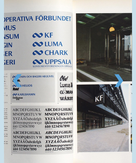 Sida ur boken som visar svenska KF [Kooperativa Förbundet] och typsnitt, logotyper och design för deras varumärke blåvitt som fanns mellan 1975 och början av 2000-talet