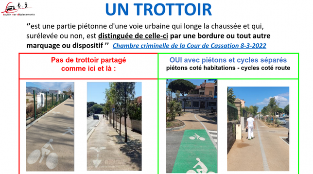 capture d'un diapo pris de la présentation mentionnée. il montre la définition d'un trottoir selon ja jurisprudence, et montre deux exemples locaux d'un trottoir et un non-trottoir.