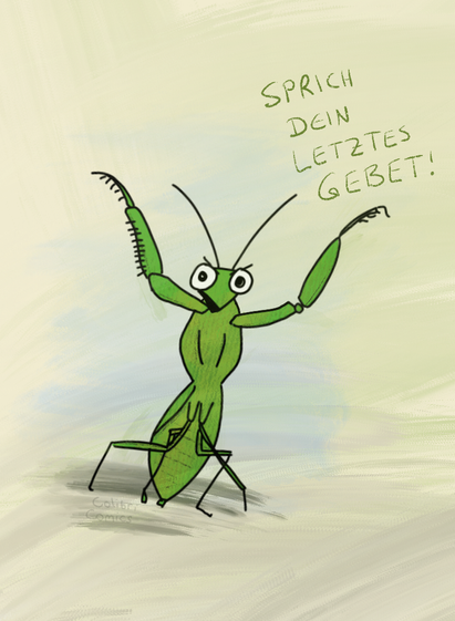Diese Gottesanbeterin hat sich hingestellt und droht mit ihren Insektenklauen. Text: Sprich dein letztes Gebet!