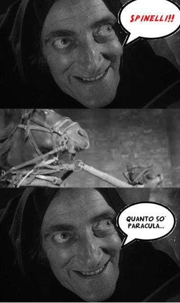 fotogrammi presi dal film Frankenstein Junior: scena in cui i cavalli che trainano il calesse nitriscono terrorizzati sentendo nominare frau Blücher