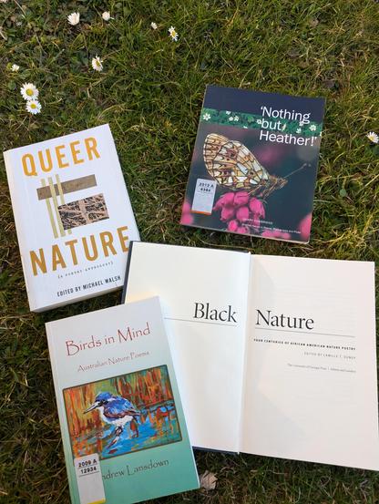 The open books on the meadow. The titles are: "Queer Nature", edited by Michael Walsh; "Birds in Mind - Australian Nature Poems" by Andrew Lansdown; "'Nothing but Heather!'" by Scottish poet Gerry Cambridge; "Black Nature", edited by Camille T. Dungy