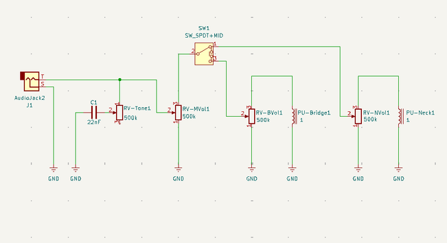 Schematic diagram representing connections between guitar tone and volume potentiometers, switches and pickups.