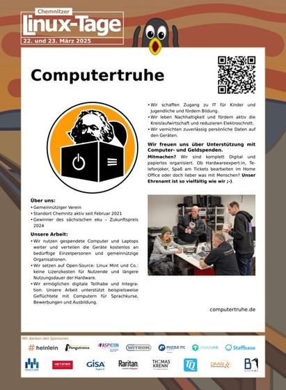 Bild zeigt zweispaltiges Poster der Chemnitzer Computertruhe für die Linuxtage mit Texten zu über uns, unsere Arbeit, Logo und Gruppenbild.